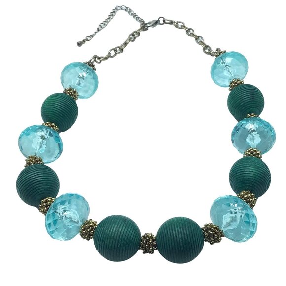 Chunky Beaded Necklace Costal Style Blue Teal Silver Tone Adjustable Length - Picture 2 of 3